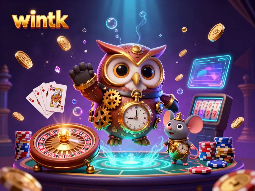 Experience the excitement of wintk casino with an owl and mouse amid vibrant gaming elements.