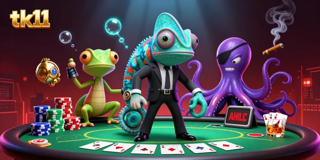 tk11 showcases a thrilling casino scene with a secret agent chameleon and colorful poker elements.