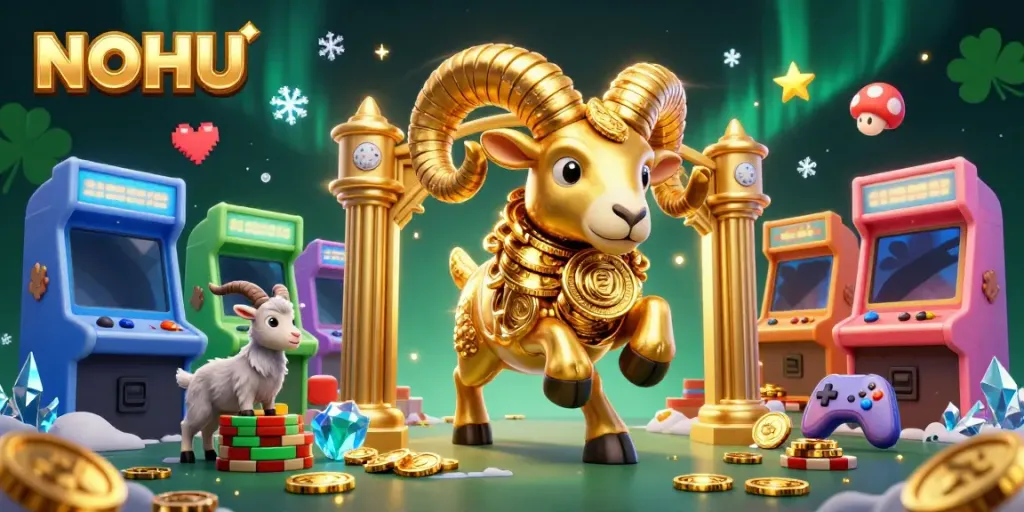 Engage with NOHU's thrilling jackpot games depicted in a vibrant 3D casino scene.