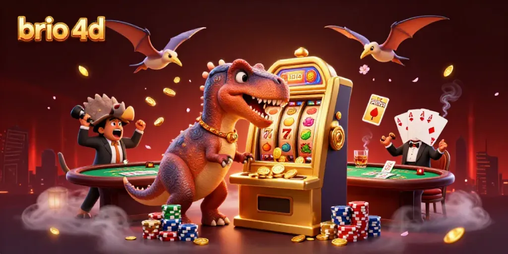 Experience the thrill of brio 4d as a cartoon dinosaur triggers jackpot wins at a colorful casino.