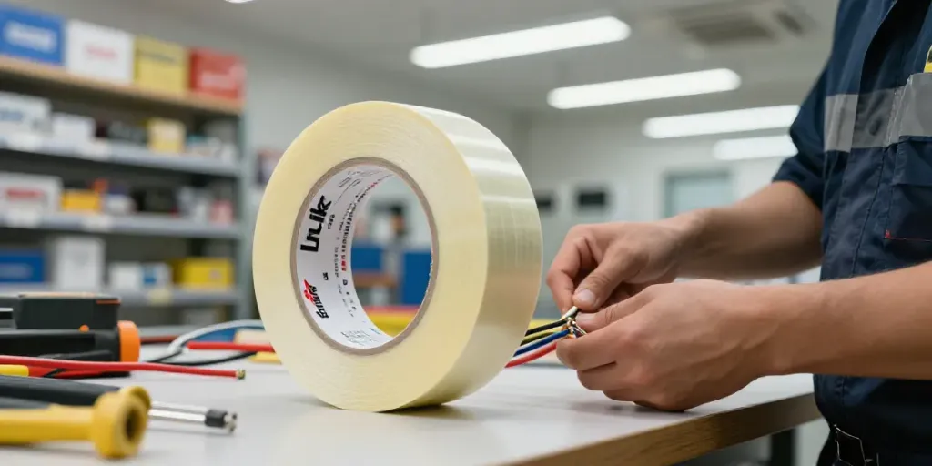 Technician using Link Super33 electrical tape in a workshop setting.