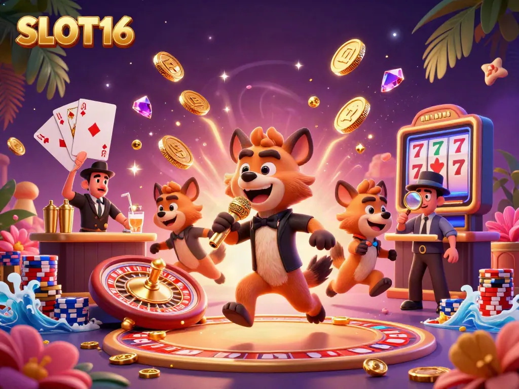Experience the thrilling energy of SLOT16 at a vibrant comedy casino club with lively hyenas!