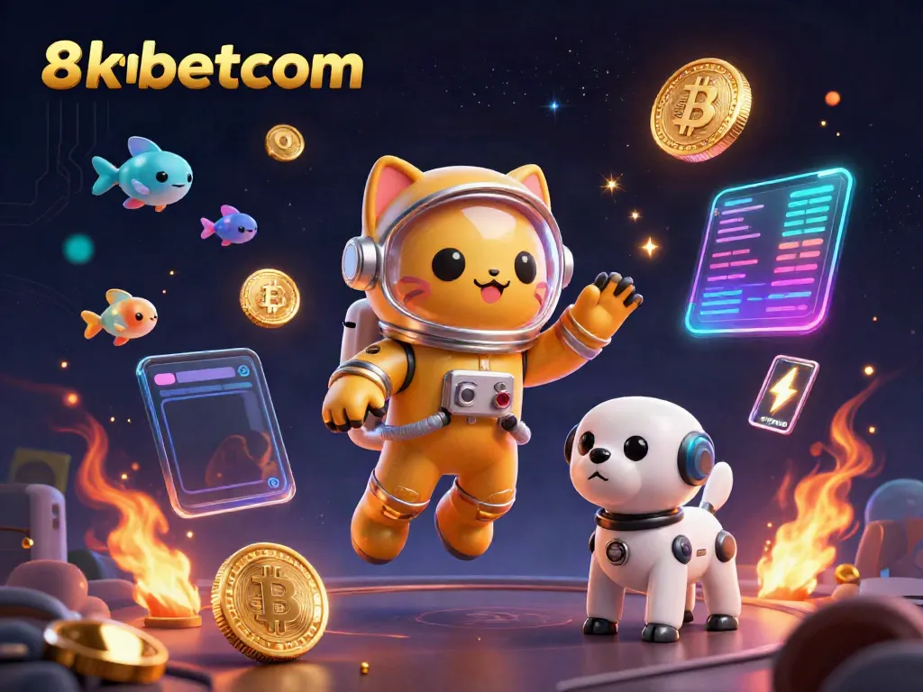 Engage with 8xbetcom in a dynamic 3D scene featuring a floating golden astronaut cat and its robotic companion amidst vibrant cryptocurrency elements.