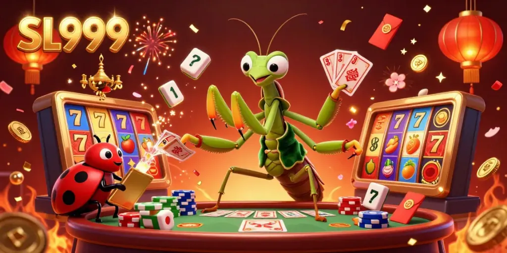 Engage with SL999 as a giant praying mantis card sharp and a ladybug pit boss bring lively casino action to life.