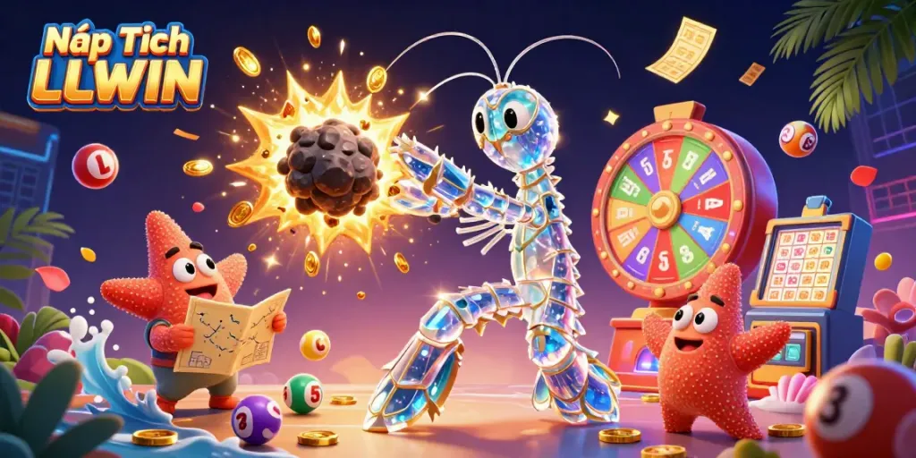 Engage in Nạp Tiền LLWIN with vibrant 3D cartoon action featuring golden gems and dynamic casino elements.