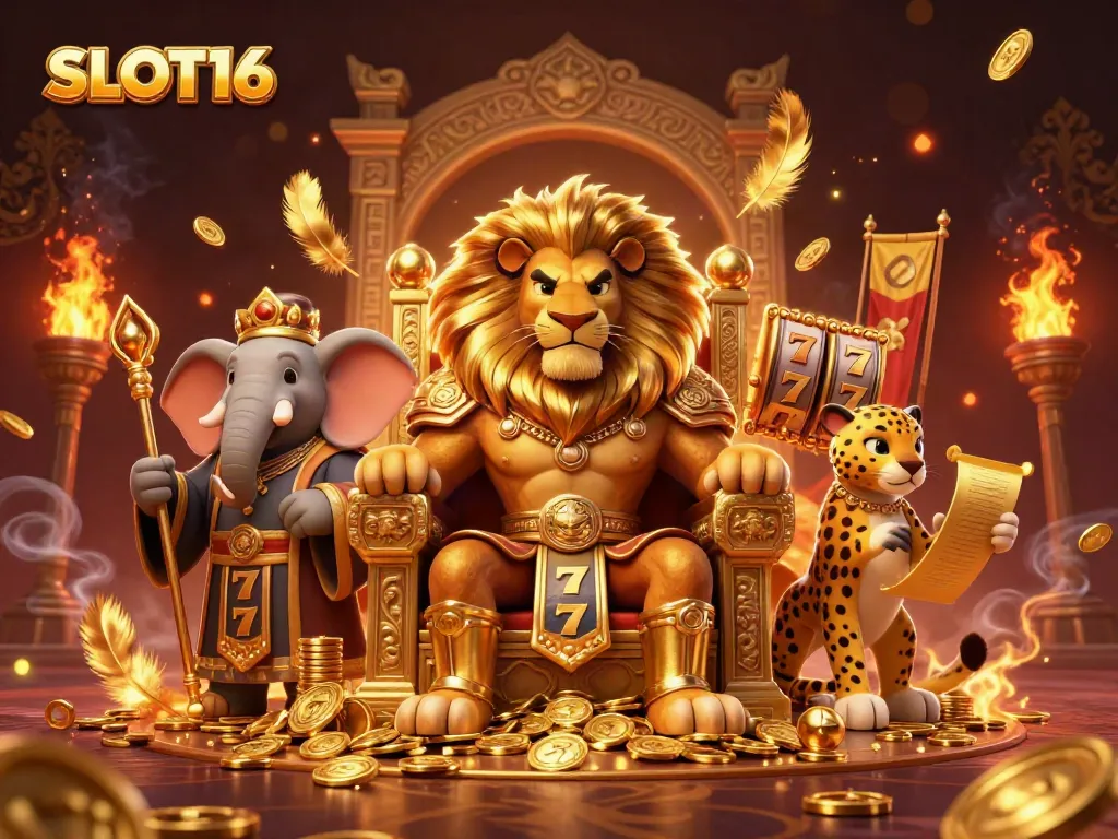SLOT16 features a regal lion king, wise elephant, and swift cheetah amidst casino elements like slot reels.