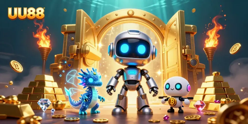 Experience the thrill at UU88 with vibrant casino symbols and energetic characters showcasing dynamic games.