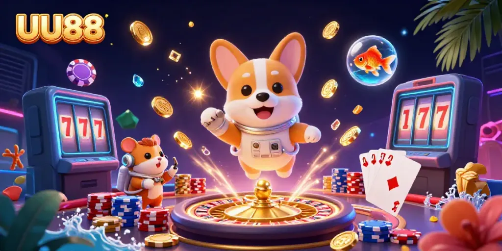 Experience thrilling gambling action with UU88's 3D casino scene featuring vibrant characters and games