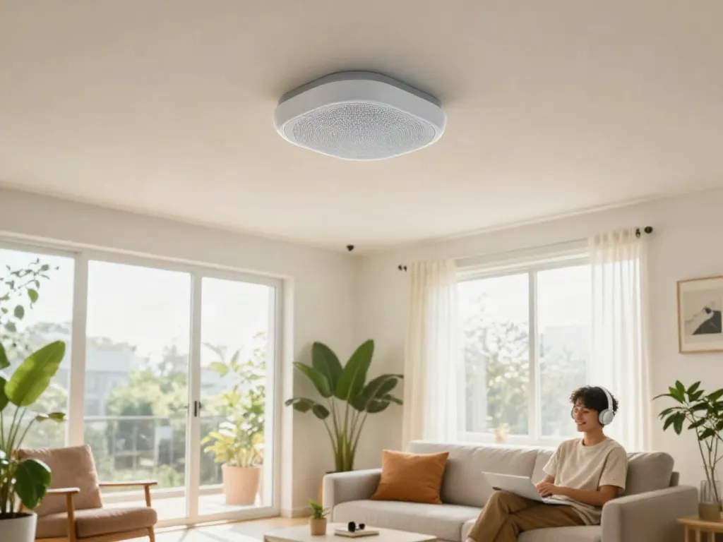Smart ceiling speaker integrated into modern living room, enhancing sound and aesthetics.