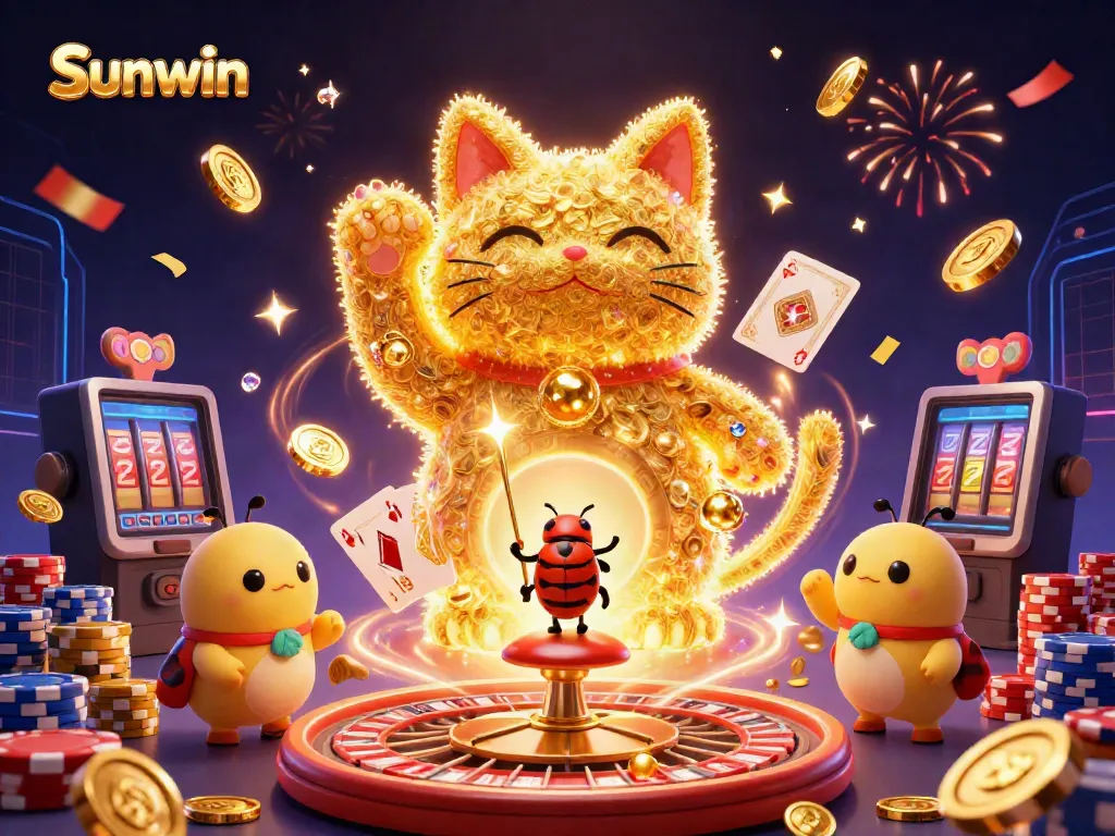 Play thrilling casino games with Sunwin's vibrant depiction of a lucky cat and casino symbols.