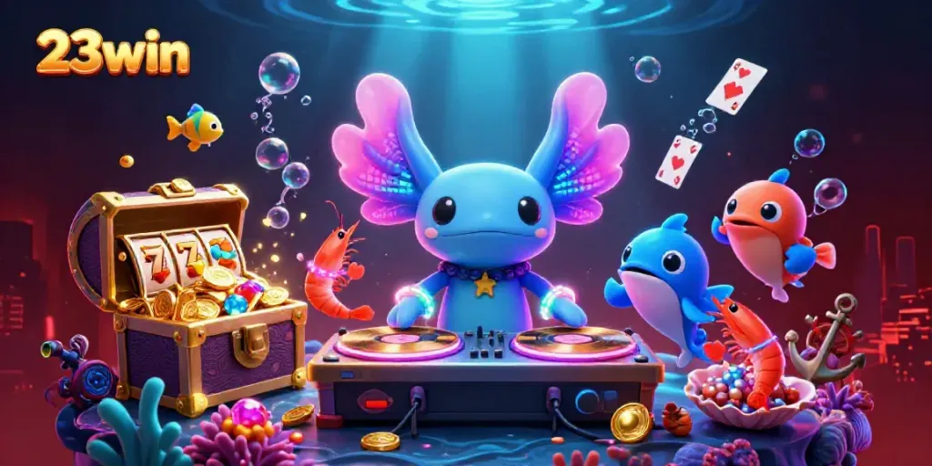 Experience thrilling slots at 23win with our energetic underwater casino scene featuring neon characters.