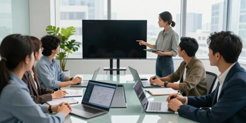 Deepfake free meetings strategy session with team discussing innovative tech.
