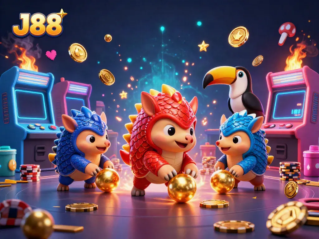 Experience the thrill of J88 gambling with rival pangolins and vibrant casino elements in this dynamic scene.