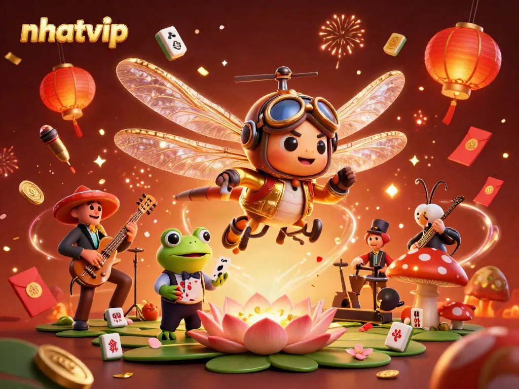 Nhatvip offers thrilling card games in a vibrant casino scene featuring a dragonfly pilot, a frog croupier, and jazz musicians.