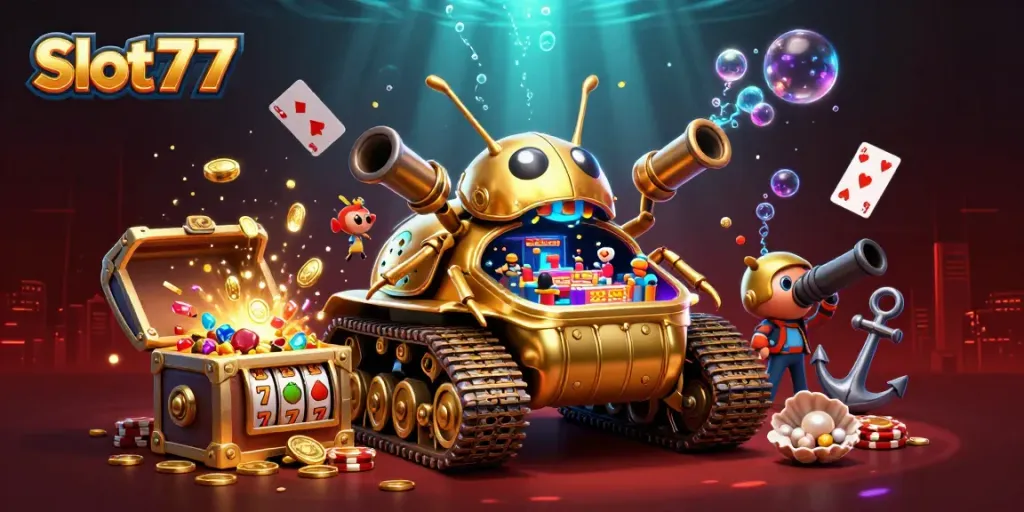 Experience thrilling wins with Slot777 in this dynamic 3D casino scene showcasing vibrant gameplay.
