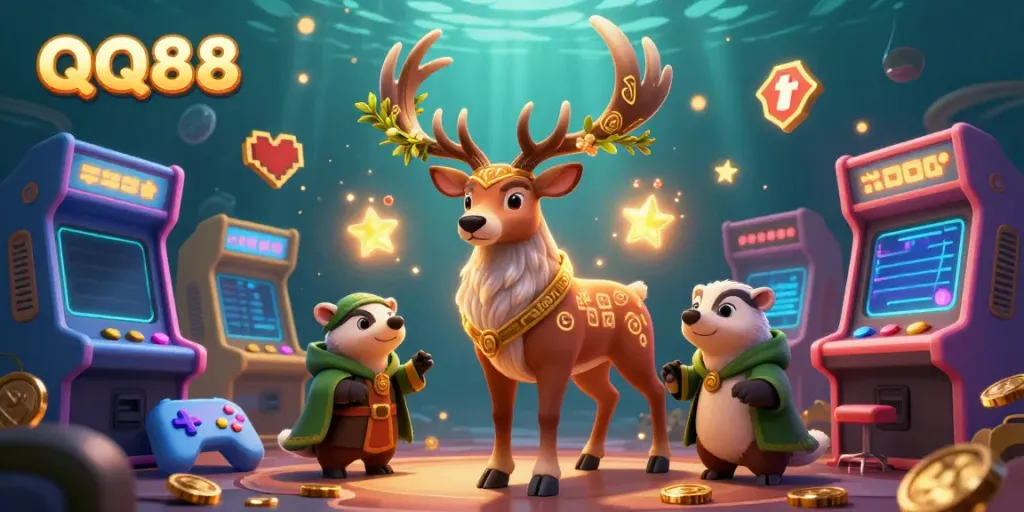 Engage with QQ88's dynamic gaming scene featuring characters and vibrant casino elements embodying excitement.
