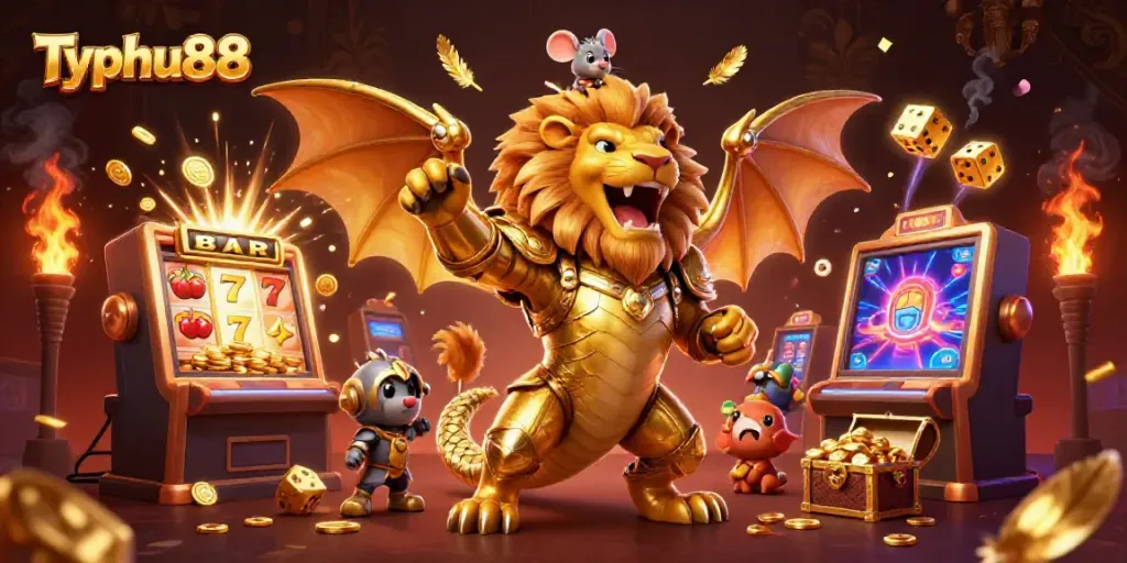 Engage with Typhu88's vibrant casino world featuring a golden chimera and jackpot animations.