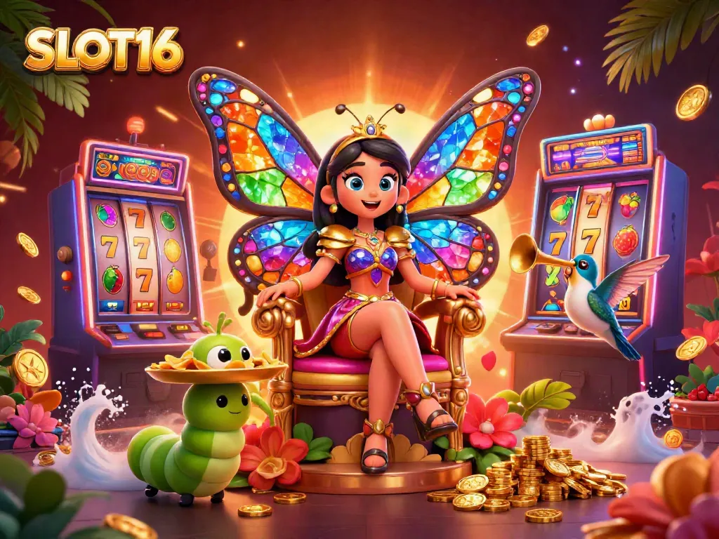 SLOT16 appears in a vibrant casino scene with a butterfly queen and slot machine, showcasing excitement.